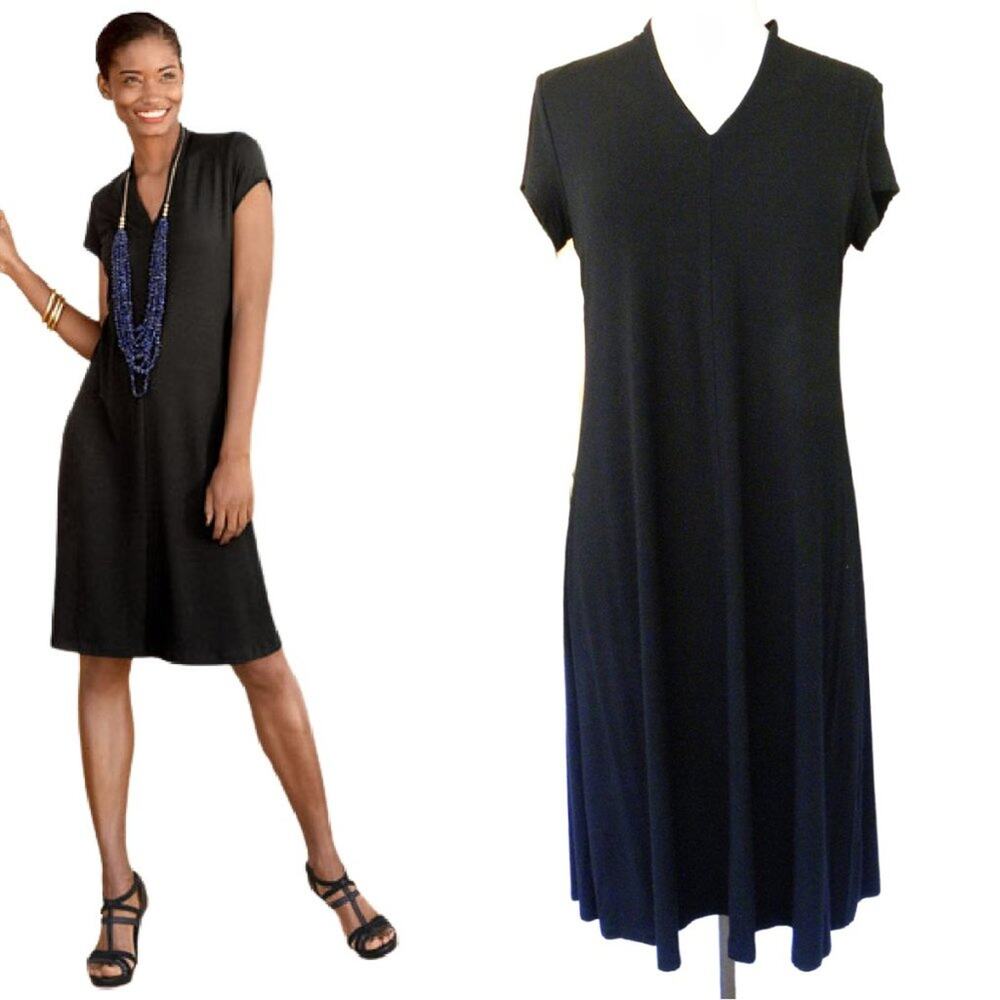 Eileen Fisher Black Short Sleeve Midi Dress Stretch Jersey